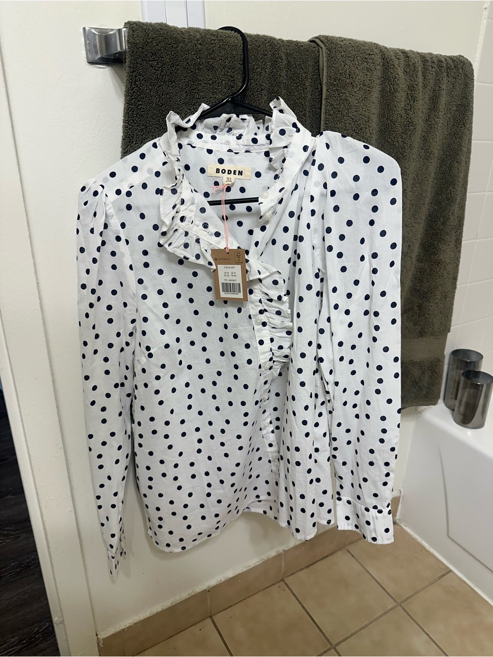 Boden White and Navy Polka Dot Ruffle Blouse